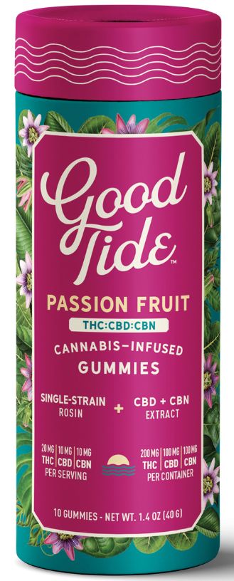 Photograph of product: Good Tide | Passion Fruit | 200mgTH-oui:200mgCBD:200mgCBN Sleep Gummies