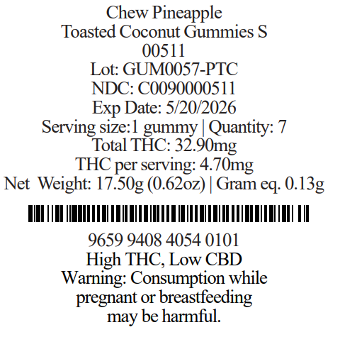 Photograph of product: Pineapple Toasted Coconut 5mgx7ct Gummies (S) 00511