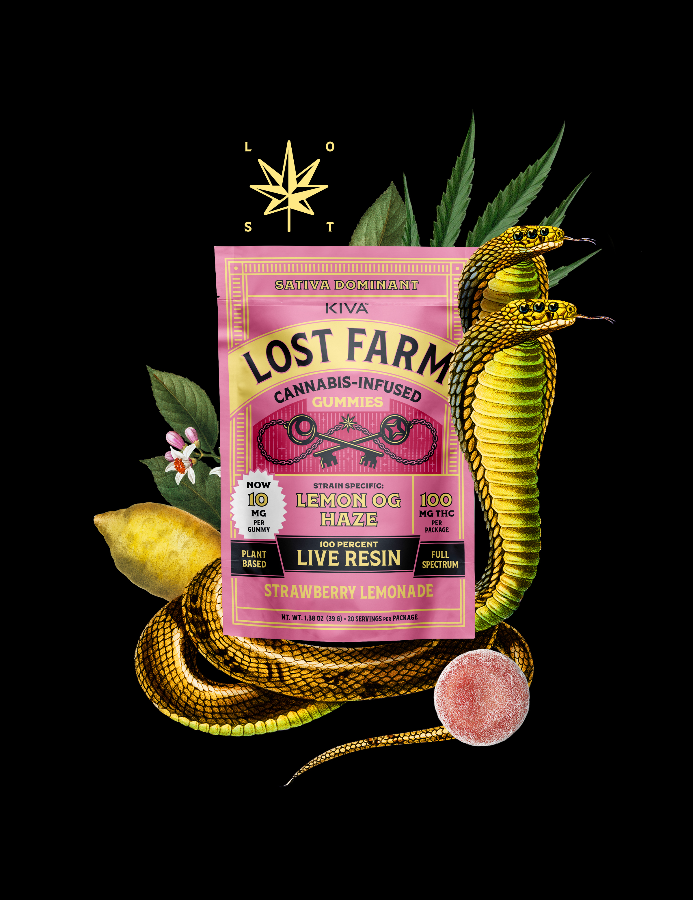 Photograph of product: Strawberry Lemonade x Lemon OG Haze Live Resin Gummies  | 100mg - Lost Farm