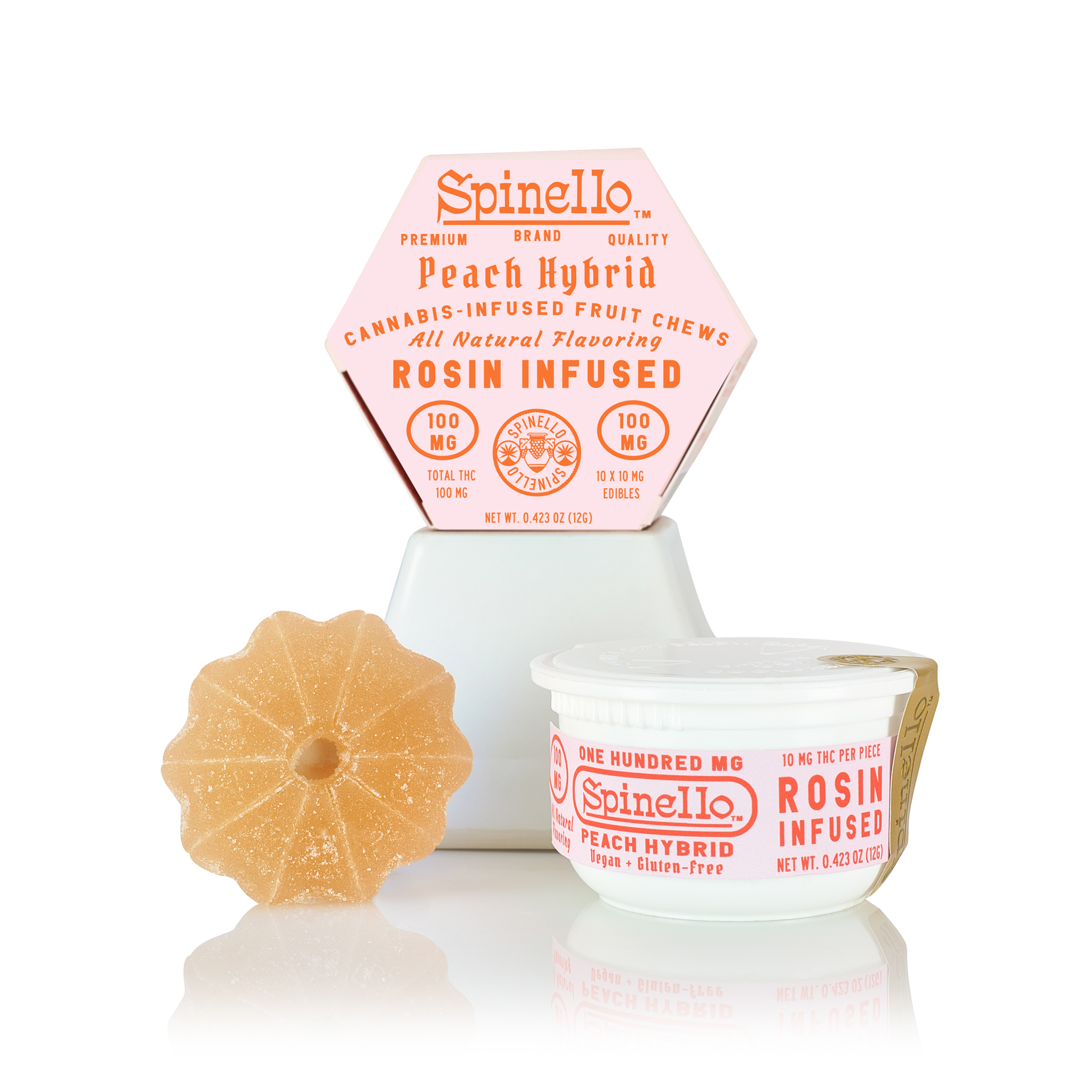 Photograph of Product: Spinello Peach Hybrid 100mg THC Rosin Fruit Chews