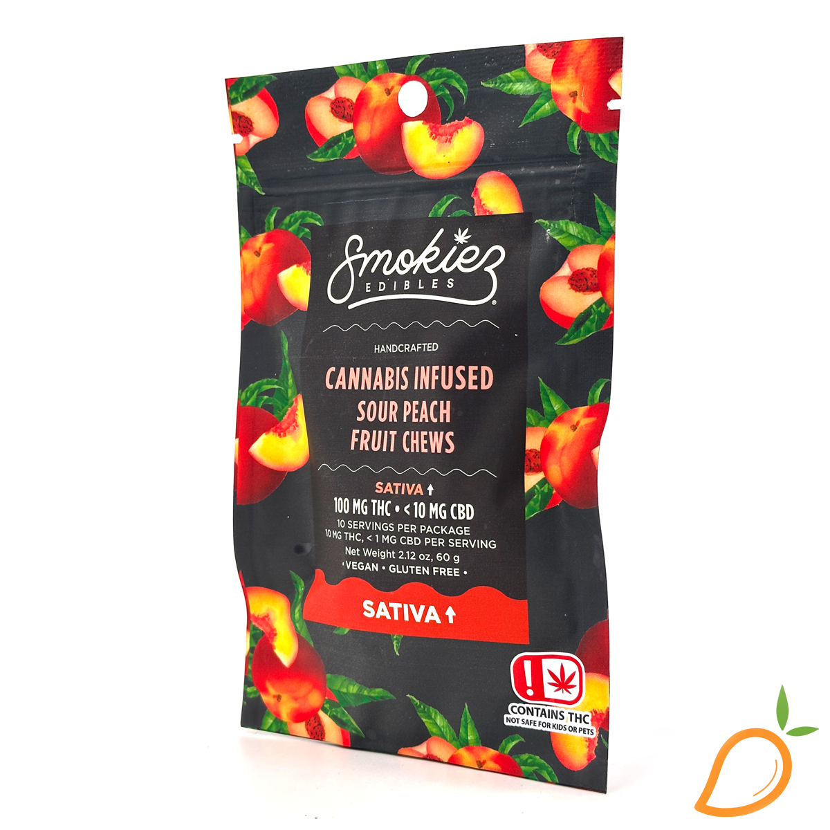 Photograph of product: 100mg Sour Peach Oui'd Fruit Chews Smokiez
