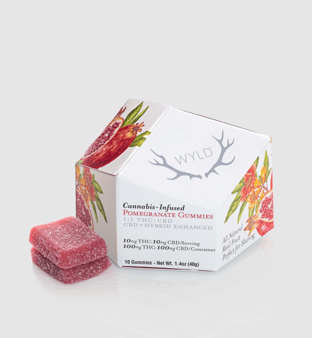 Photograph of product: "Restore" Pomegranate Gummies 1:1 (H) 100mg TH-oui : 100mg CBD - 10pk
