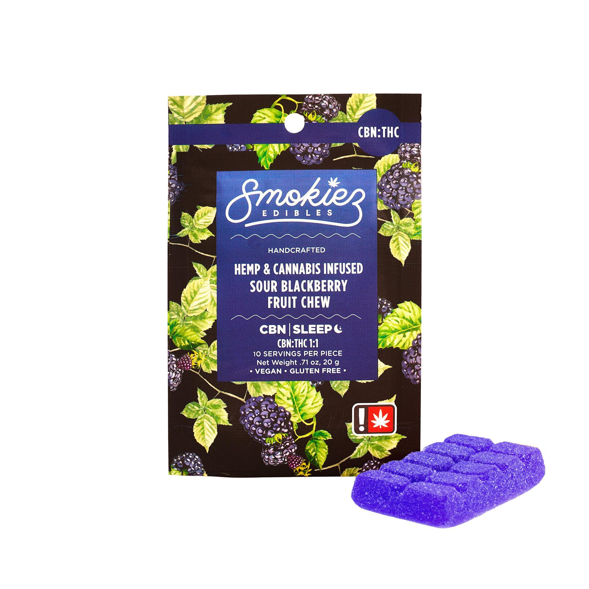 Photograph of product: Sour Blackberry 100mg CBN : 100mg TH-oui Scored Single Piece Fruit Chew