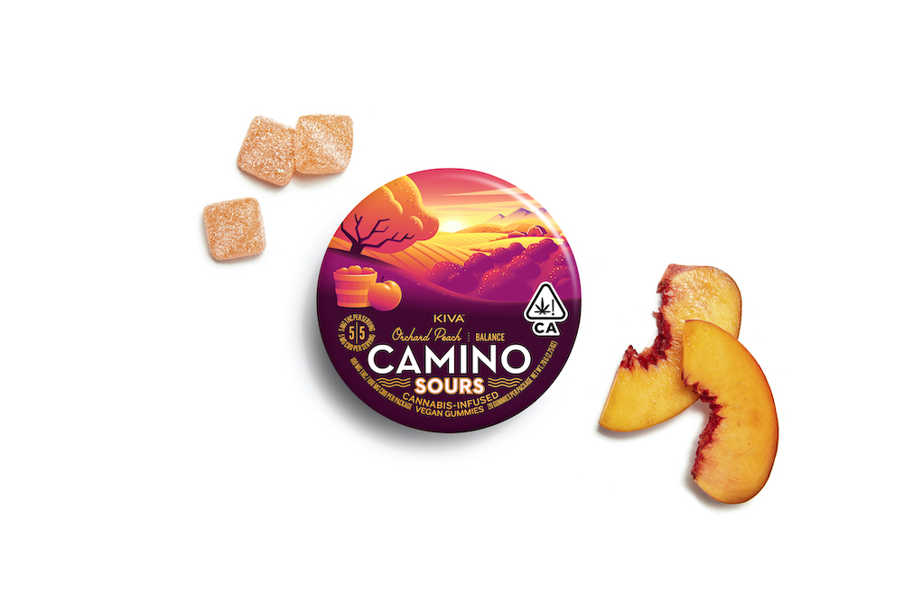 Photograph of product: Kiva Camino Sour Gummies 1:1 (100mg TH-oui/100mg CBD) Sours Orchard Peach - Hybrid
