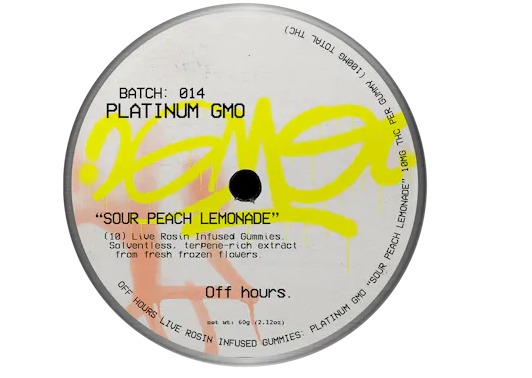 Photograph of product: Off Hours | Sour Peach Lemonade | Platinum GMO Live Rosin Infused 10mg/Gummy | 10pk