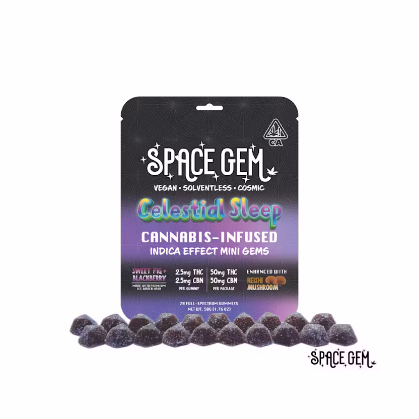 Photograph of product: Space Gem Fig and Blackberry Indica Effect with Reishi Mushroom Mini Effects 1 CBN: 1 THC (2.5mg x 20ct) 50mg