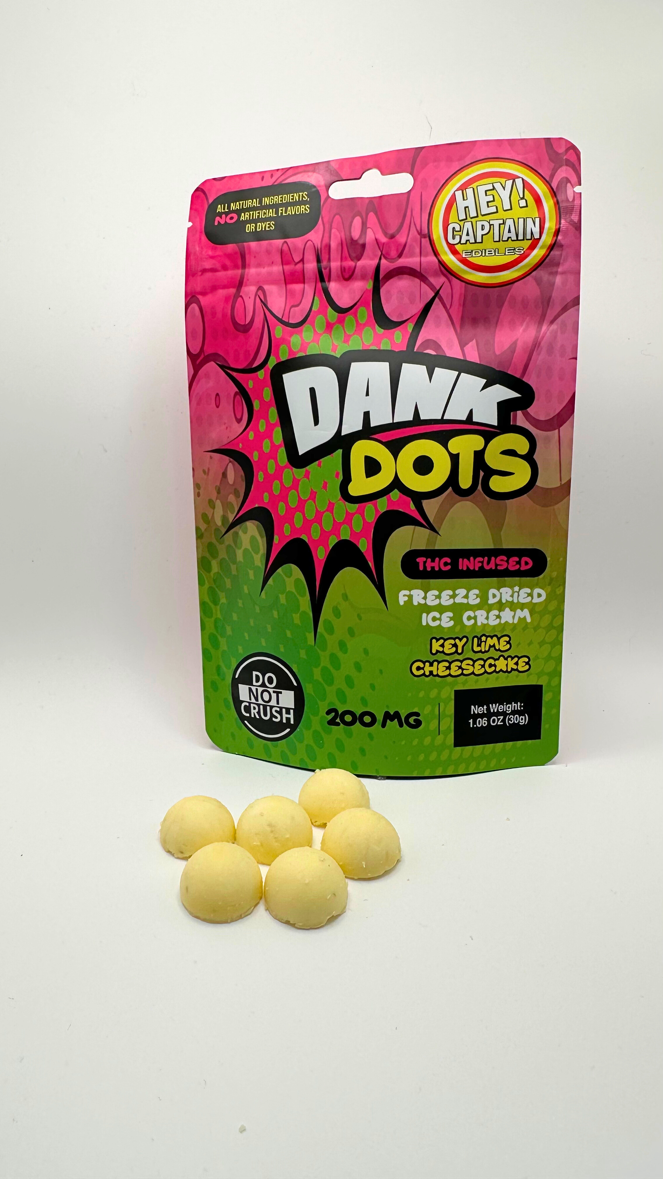 Photograph of product: Hey Captain | Dank Dots Key Lime Cheesecake Freeze Dried Ice Cream | Candy | 200mg