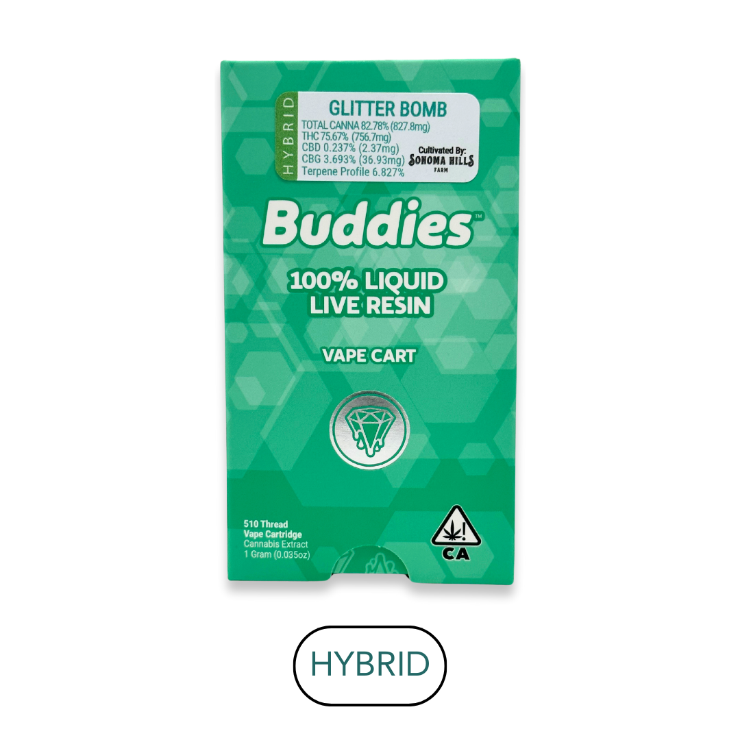Photograph of product: Buddies - Live Resin - Glitter Bomb H - Vape Cart - 1.0g