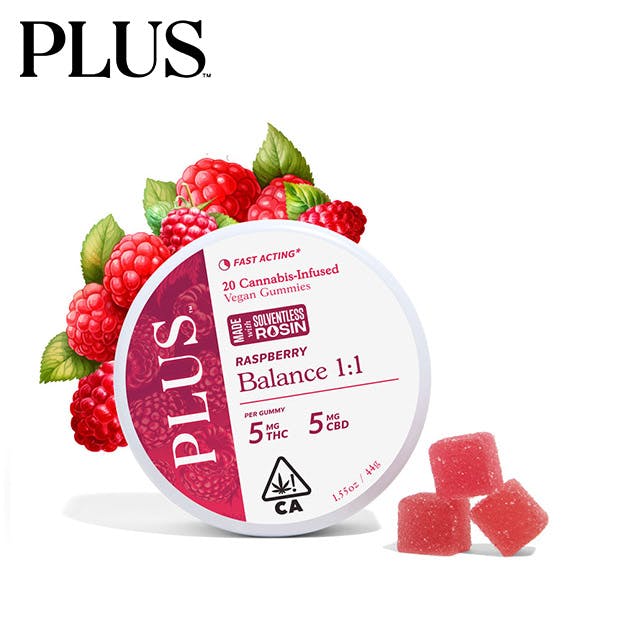 Photograph of product: Plus - 1:1 Raspberry Balance Solventless Rosin Gummies - 100mg CBD / 100mg TH-oui - 