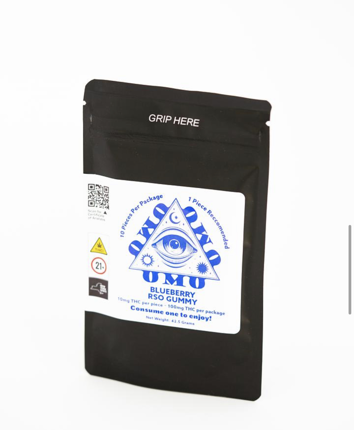 Photograph of product: OMO Blueberry RSO Gummies 100mg 10pk (10mg TH-oui each)