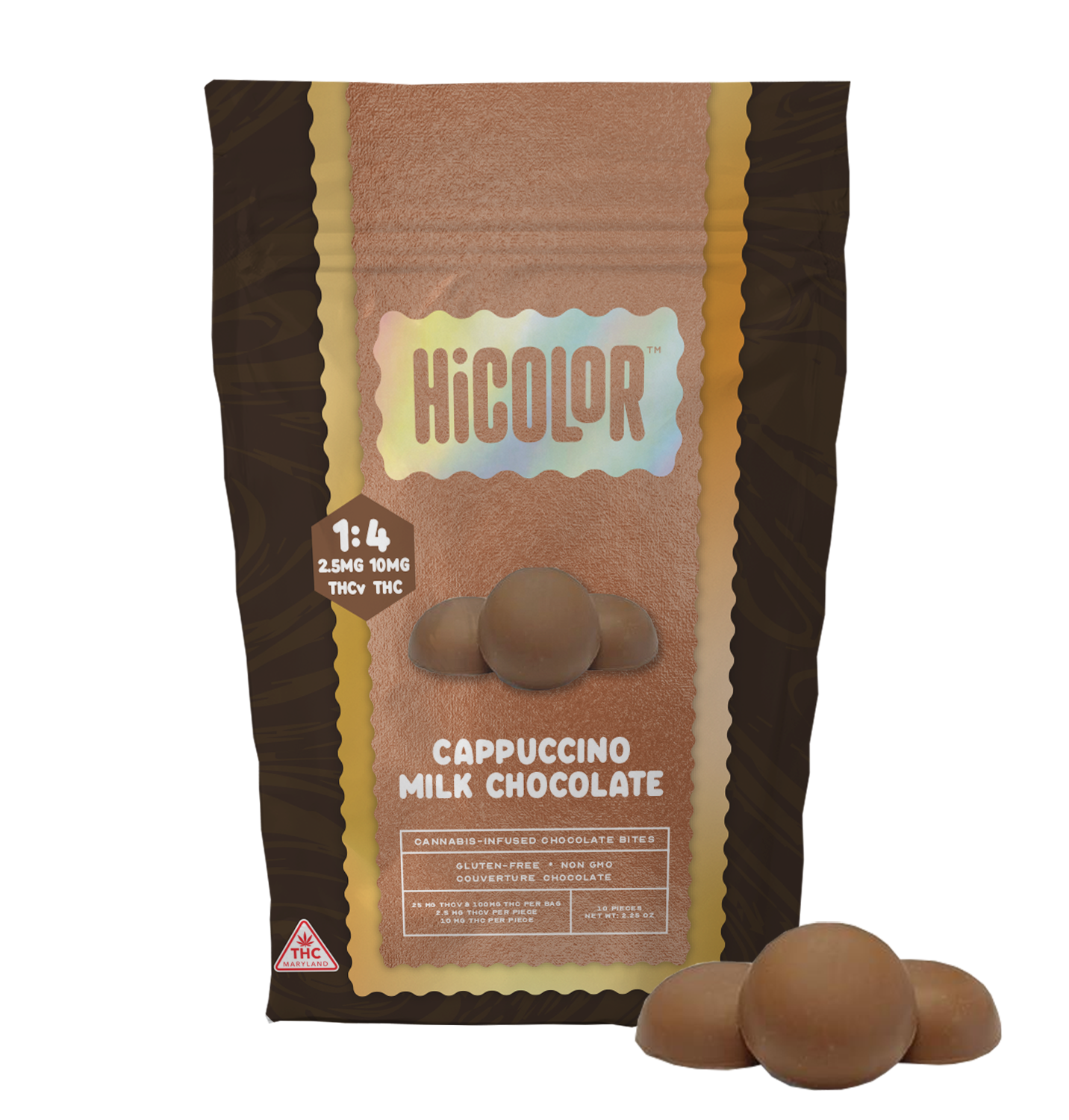 Photograph of product: HiCOLOR | Chocolates | Cappuccino 1:4 TH-ouiv:TH-oui | 10 x 10mg