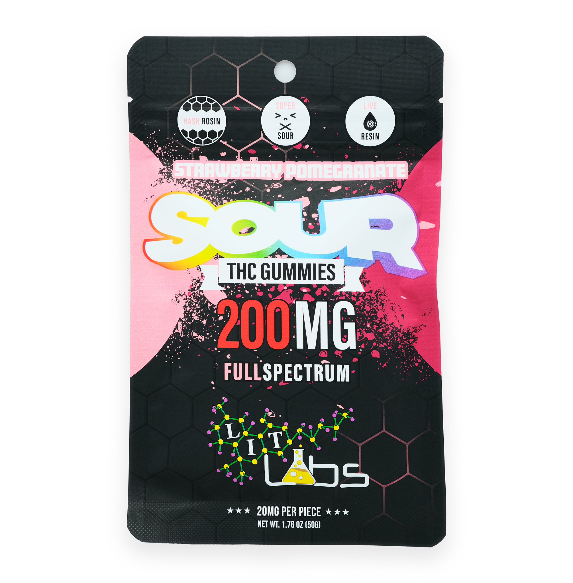 Photograph of product: Sour Strawberry Pomegranate | 200MG Rosin + Resin Full Spectrum Vegan Gummies