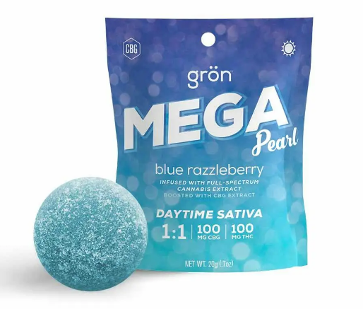 Photograph of product: Grn Blue Razzleberry (S) 1:1 TH-oui:CBG Mega Pearl Gummie 100mg 1pk