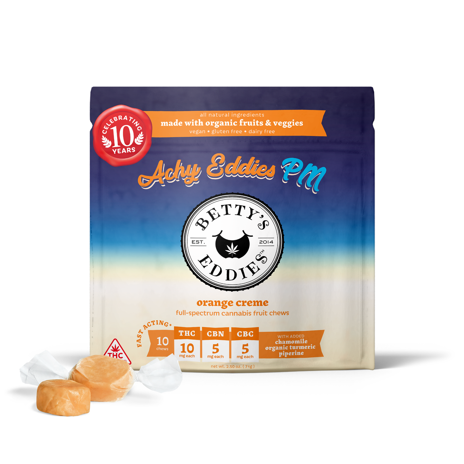 Photograph of product: 100mg Orange Creme Ache Away PM Chews [2:1:1 TH-oui:CBN:CBC] 10pk