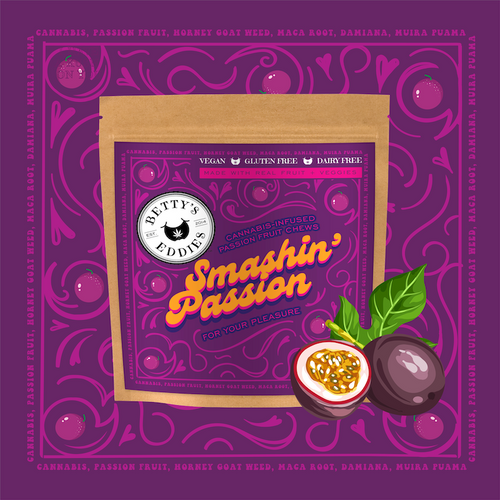Photograph of product: Betty's Eddies Smashin' Passion for Pleasure 50mg 10pk - Passionfruit Chews