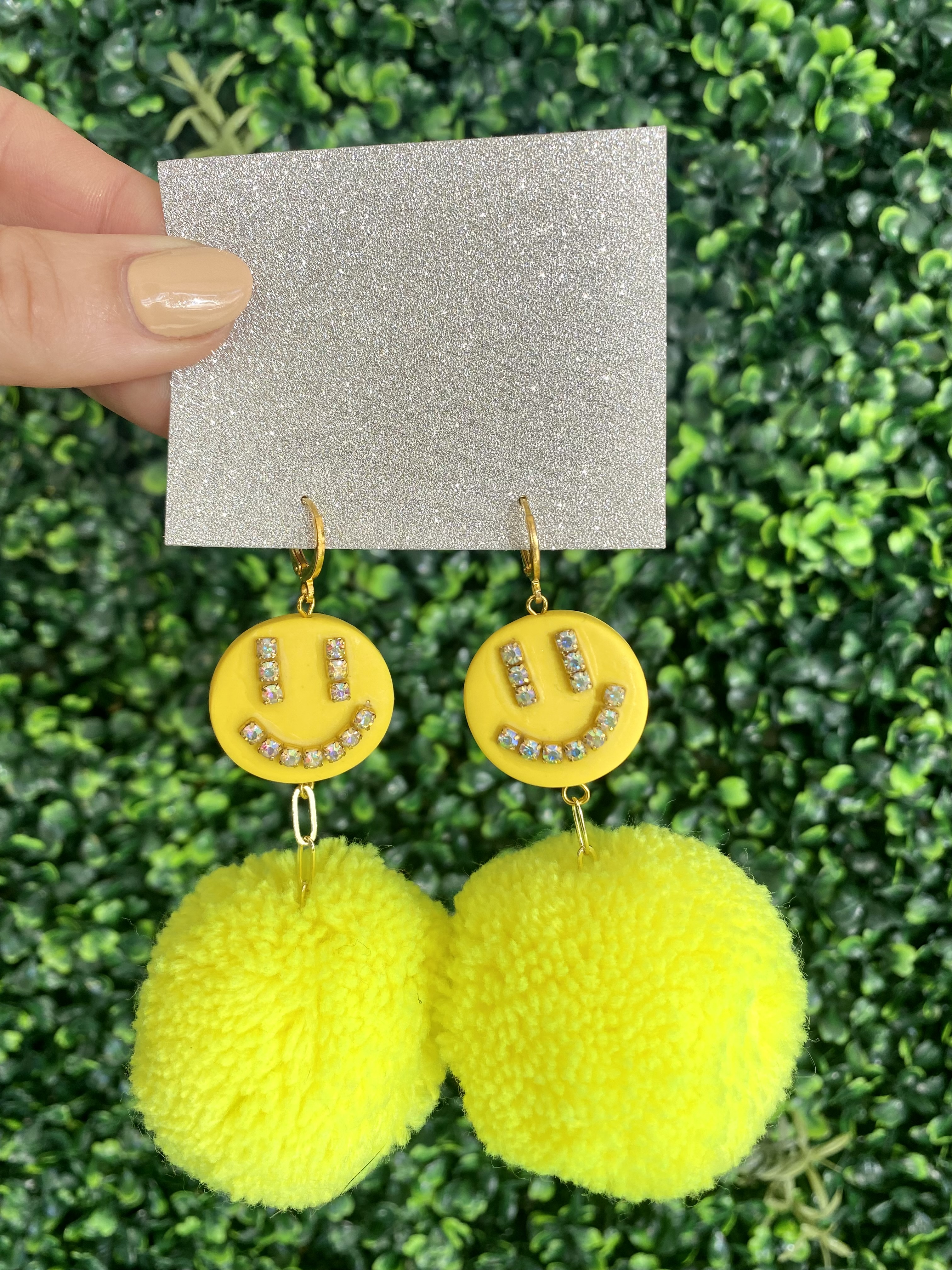 Photograph of product: Yellow Smiley Face Earrings w/ Yellow Pompom by @quinncurnow