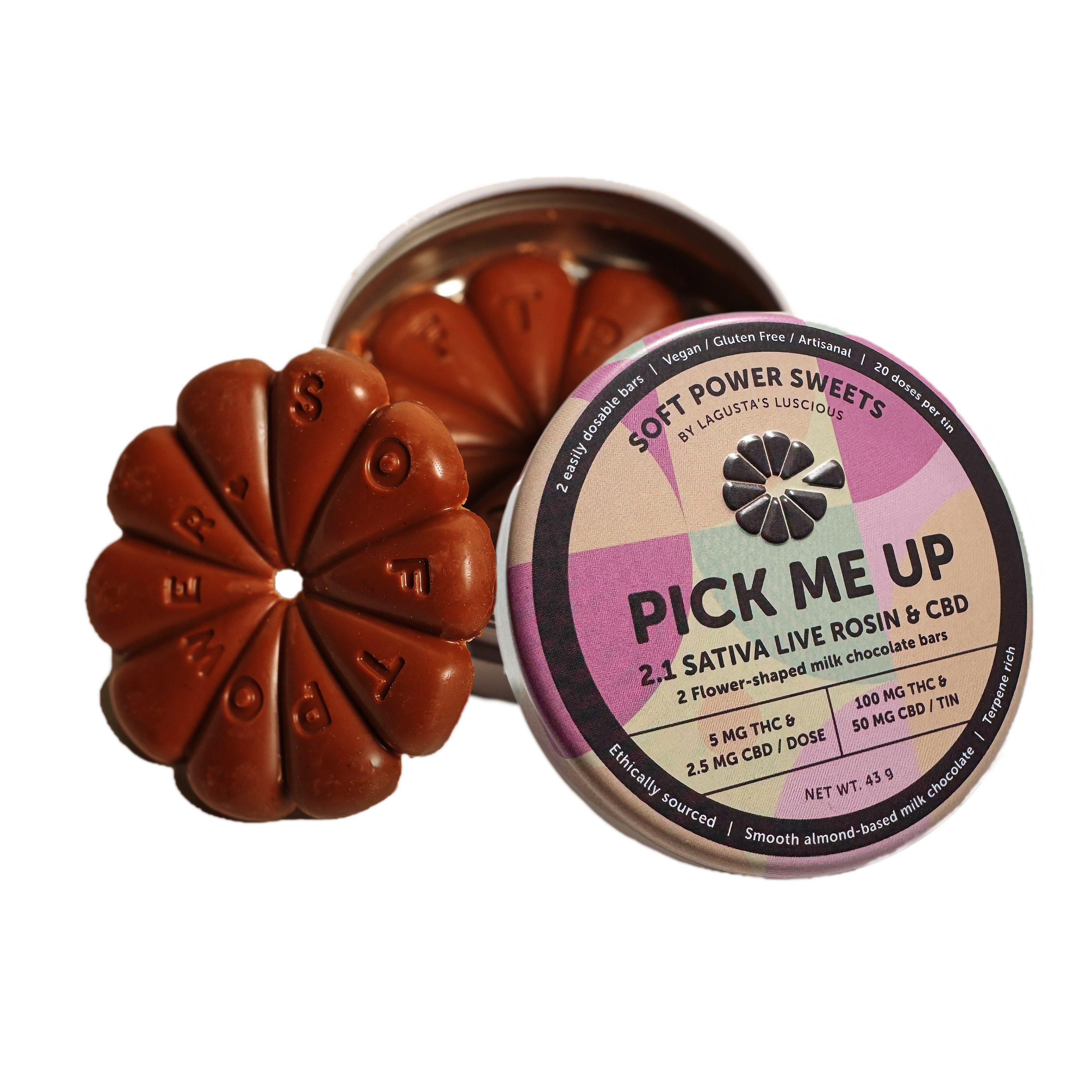 Photograph of Product: Pick Me Up Sativa Live Rosin chocolate bars 100mg 2:1 CBD