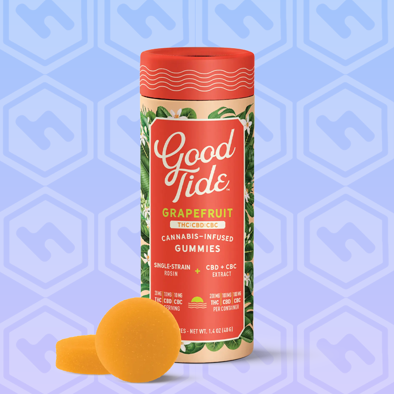 Photograph of product: Grapefruit | Live Rosin Gummies | CBC:CBD:TH-oui 100mg:100mg:100mg | 10 Pack