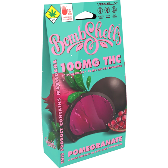 Photograph of product: BombShells Chocolate Covered Pomegranate Jellies 10-Pack Edibles Verdelux | 100mg