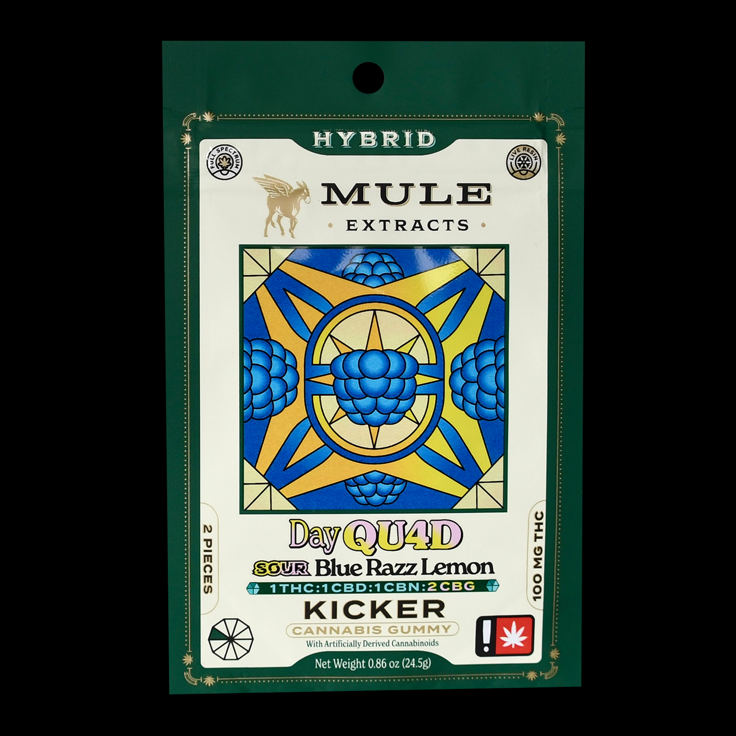 Photograph of product: 100mg 2-Piece Sour Blue Razz Lemon "Day Quad" 1:1:1:2 TH-oui CBD CBN CBG Kicker