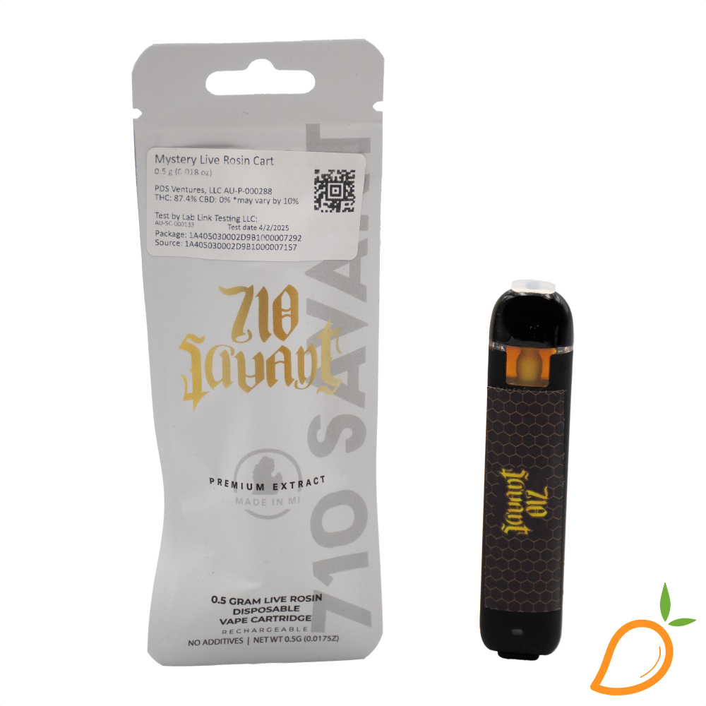 Photograph of product: 0.5g Mystery Live Rosin Disposable Vape 710 Savant
