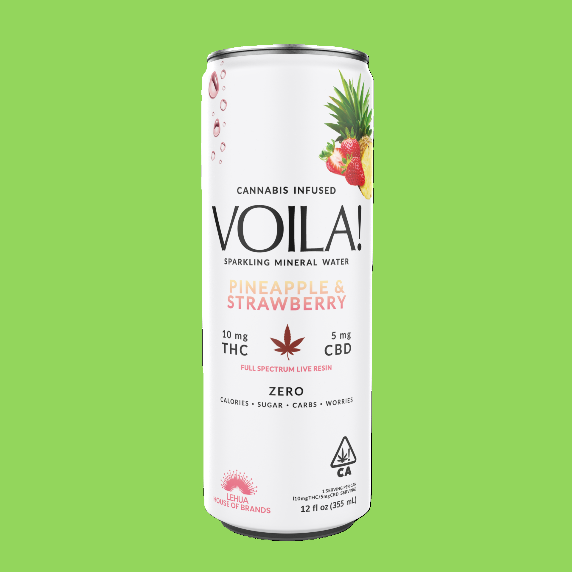 Photograph of product: Voila Pineapple Strawberry Infused Sparkling Water 355ml (10mg TH-oui/5mg CBD),
