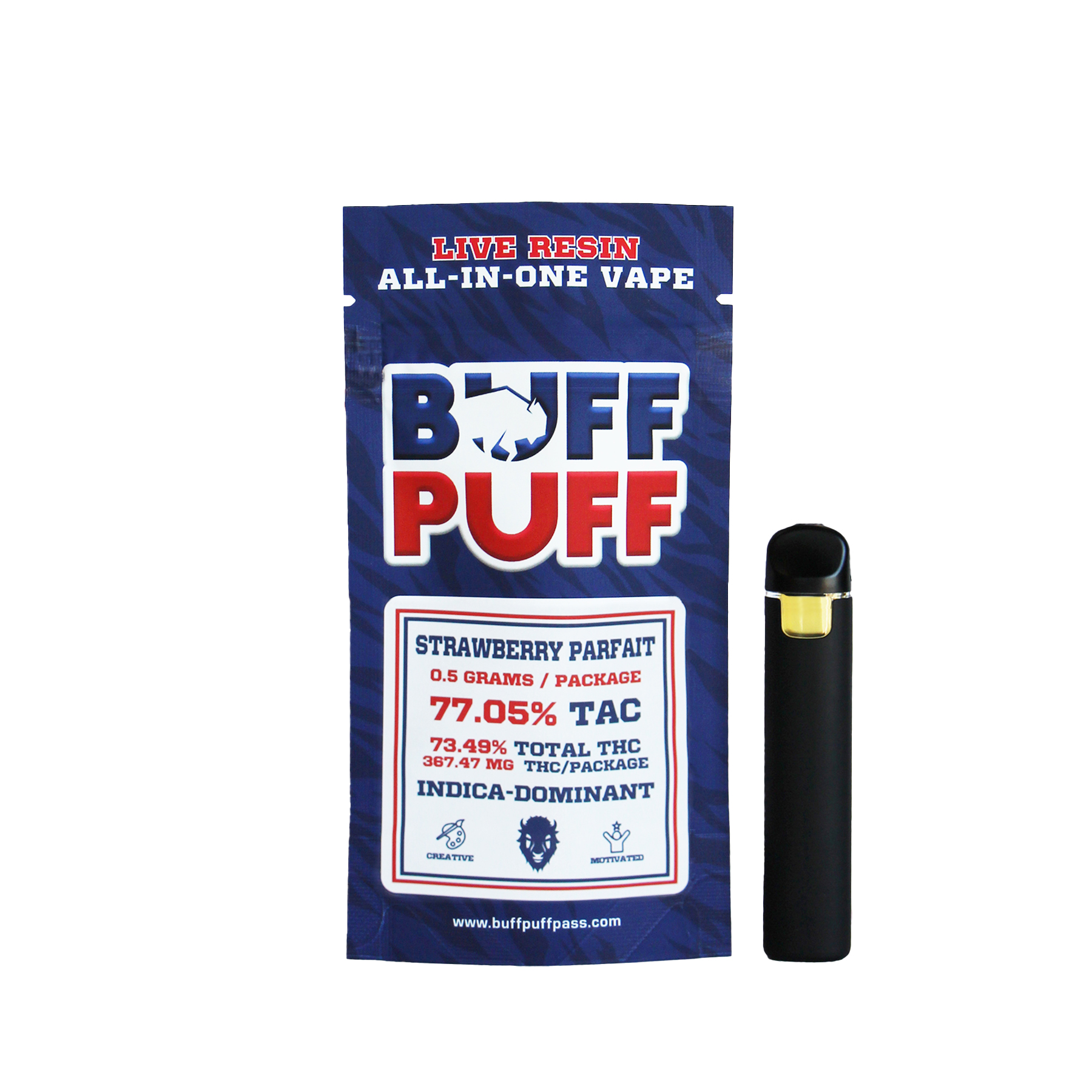 Photograph of product: Buff Puff - Strawberry Parfait (IH) - 73.49% - Live Resin All In One Vape