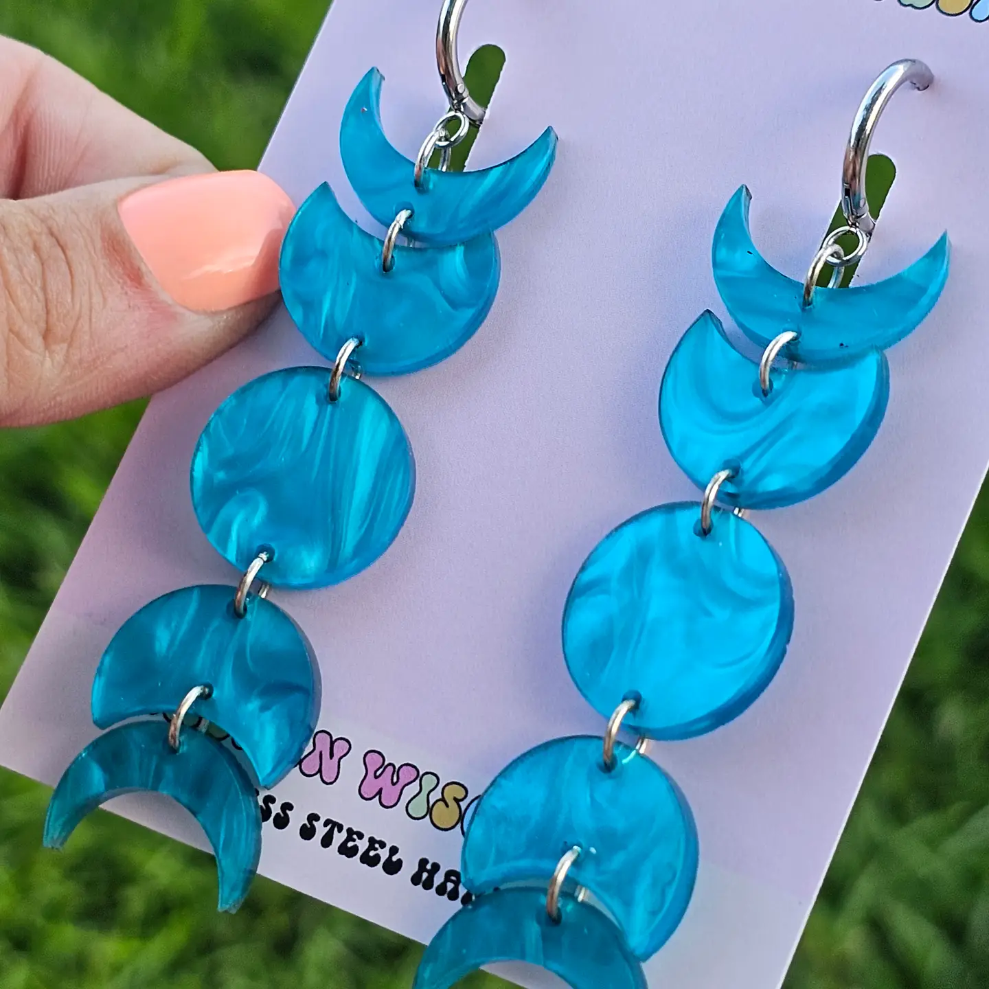Photograph of product: Earrings | Silky Blue Moon Phase | Acrylic | Gauge Friendly Huggies | Jedi Woods Handmade