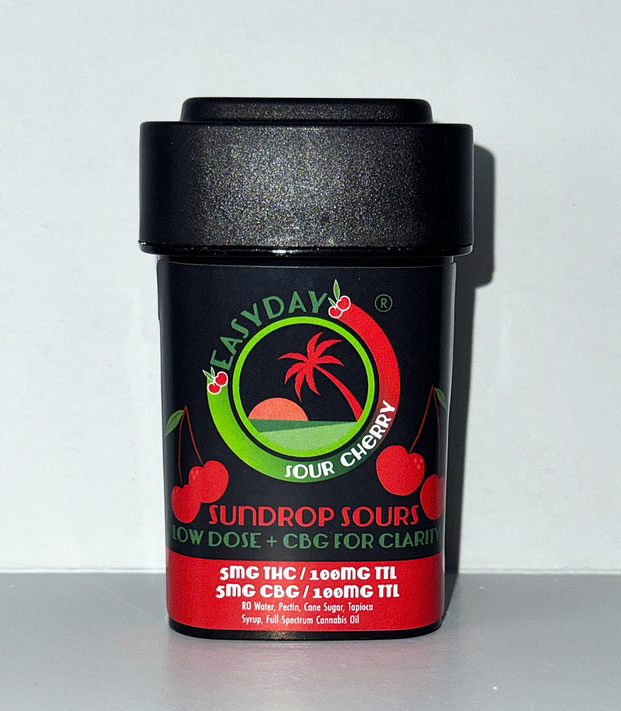 Photograph of Product: Easyday Edibles: Chews: Sundrop Sours: Cherry 10mg THC/CBG (100mg/10pk)