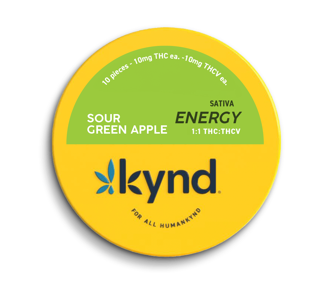 Photograph of product: Kynd Gummies 20pk 1:1 TH-oui:TH-ouiV (100mg) Energy Sour Green Apple