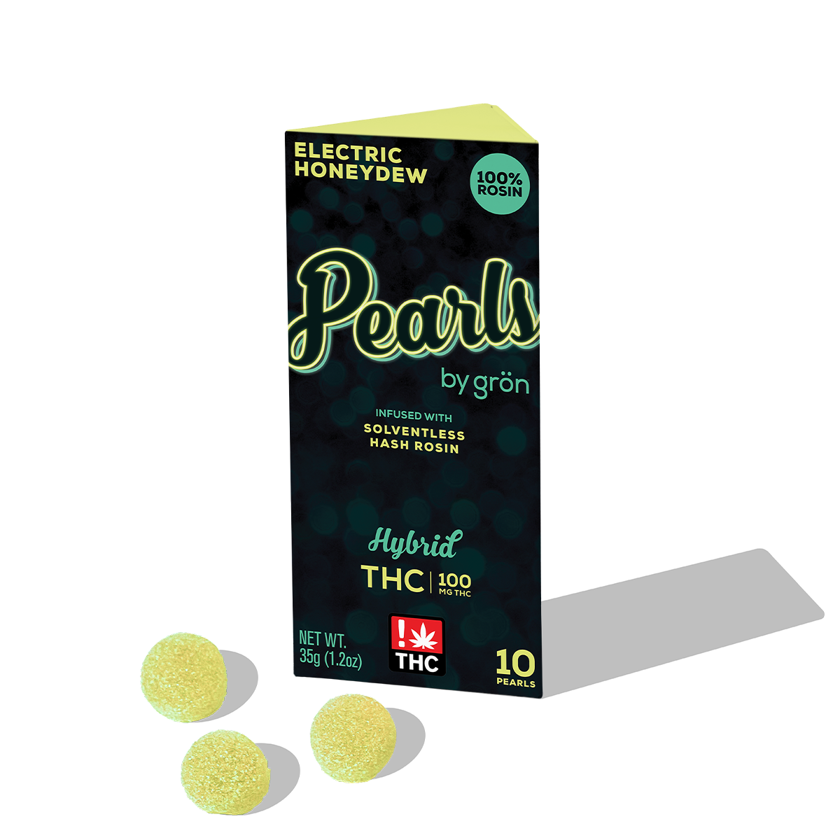 Photograph of product: Grn - Pearls - Electric Honeydew - 10ct au chocolat Rosin Infused Gummies