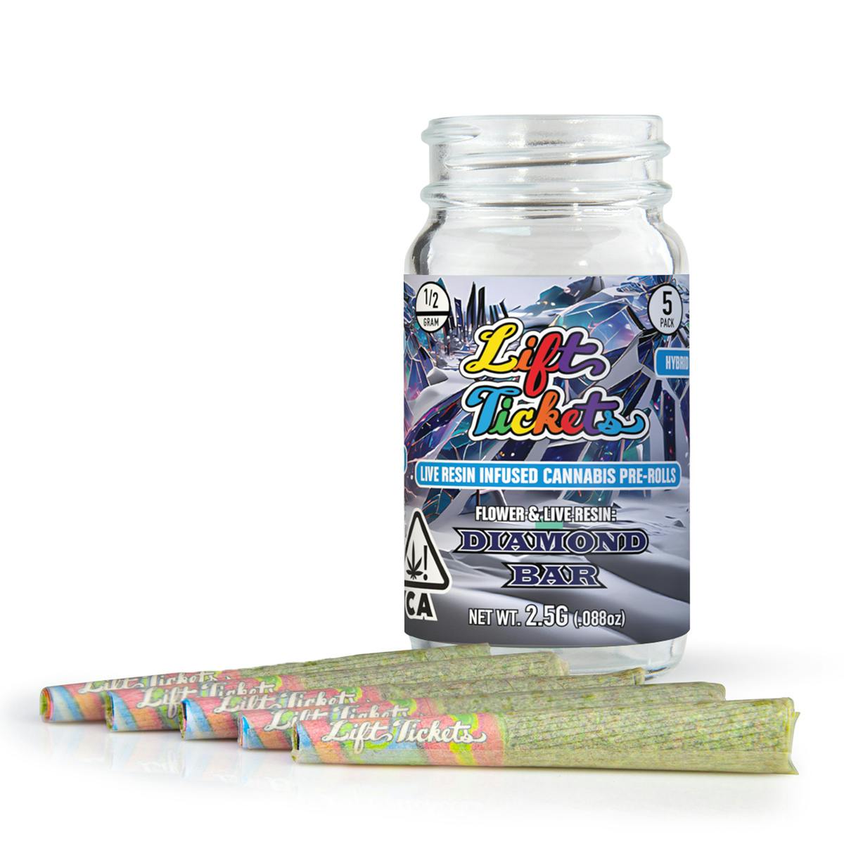 Photograph of product: Diamond Bar - 2.5g Live Resin Infused Preroll 5pk | Lift Tickets