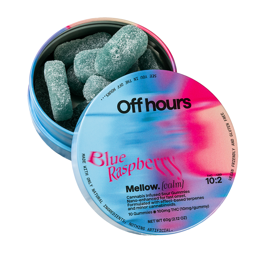 Photograph of product: Off Hours | Gummies | 10pk | Mellow | Blue Raspberry | Calm | Nano Enhanced | Vegan Friendly | Gluten Free | 100mg : 20mg CBD : 20mg CBN