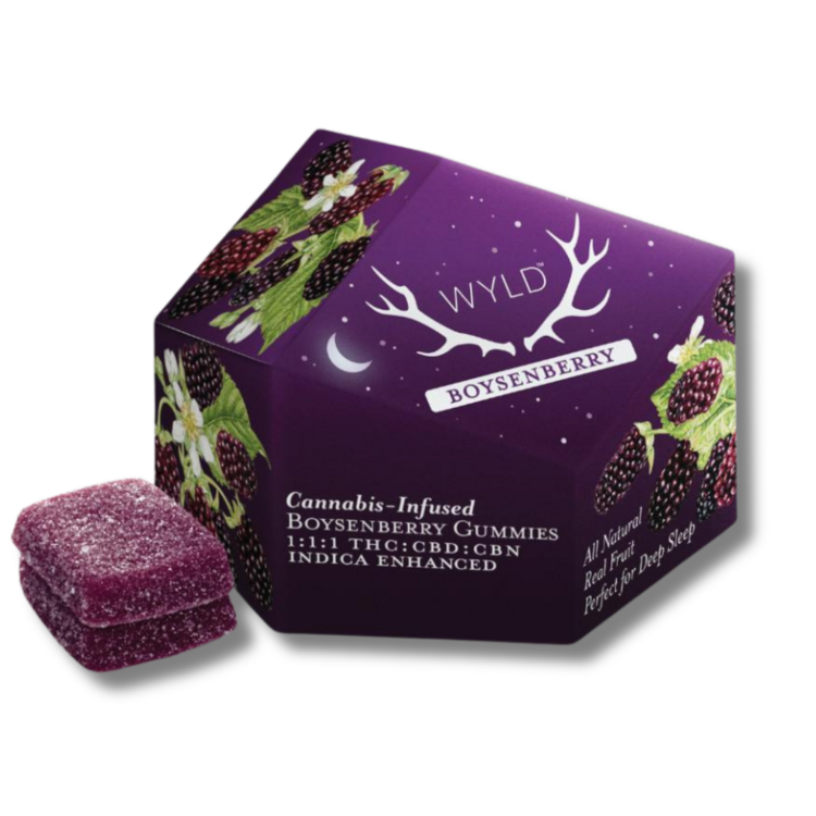 Photograph of product: Boysenberry Oui'd Gummies 1:1:1 CBD:CBN 10pk/300mg Infused Fruit Gummies Solid Edibles 1.4oz (WYLD)