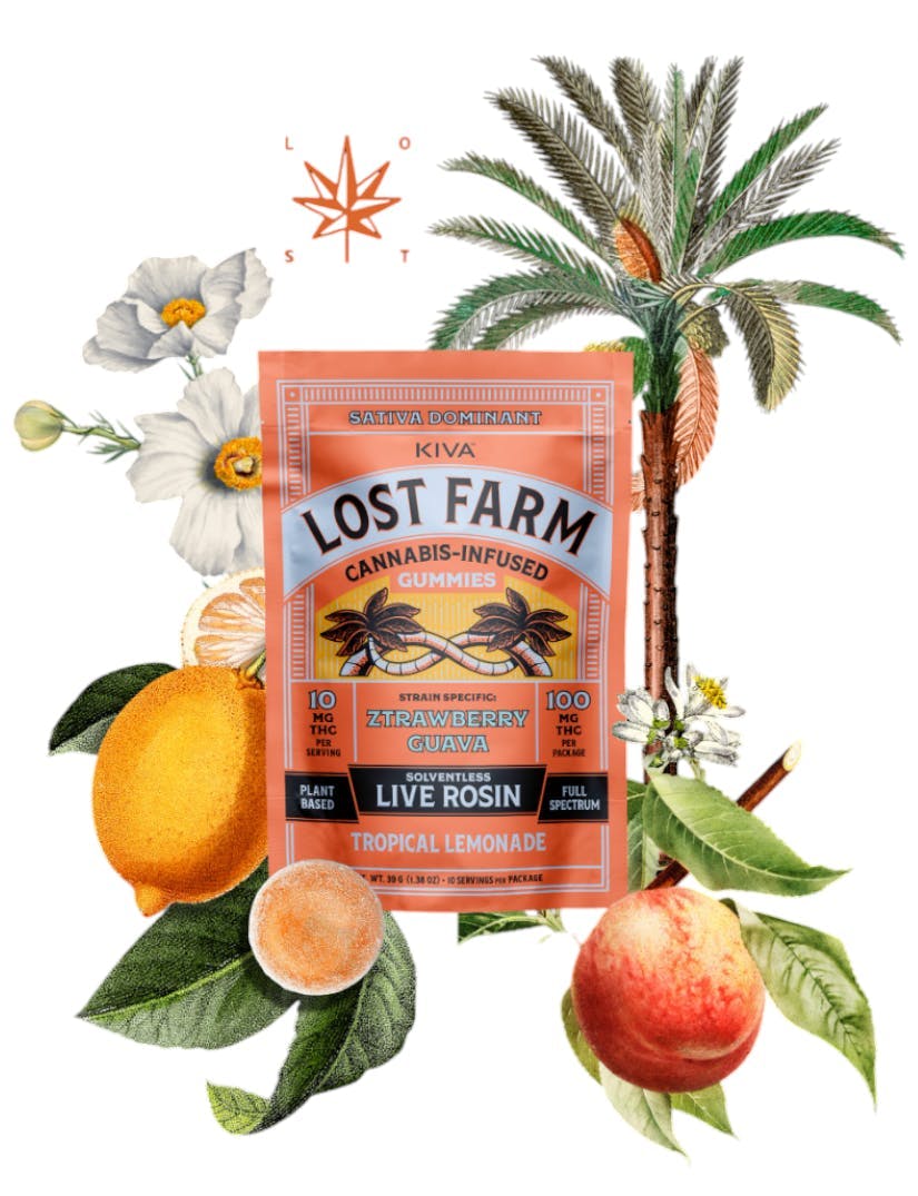 Photograph of product: Lost Farms | Gummies | Tropical Lemonade x Ztrawberry Guava | Live Rosin | 10pk | 100mg