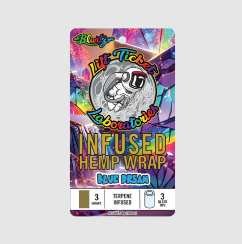 Photograph of product: Lift Ticket - Blue Dream Infused Bluntz Hemp Wraps + Glass Tips - 3pk