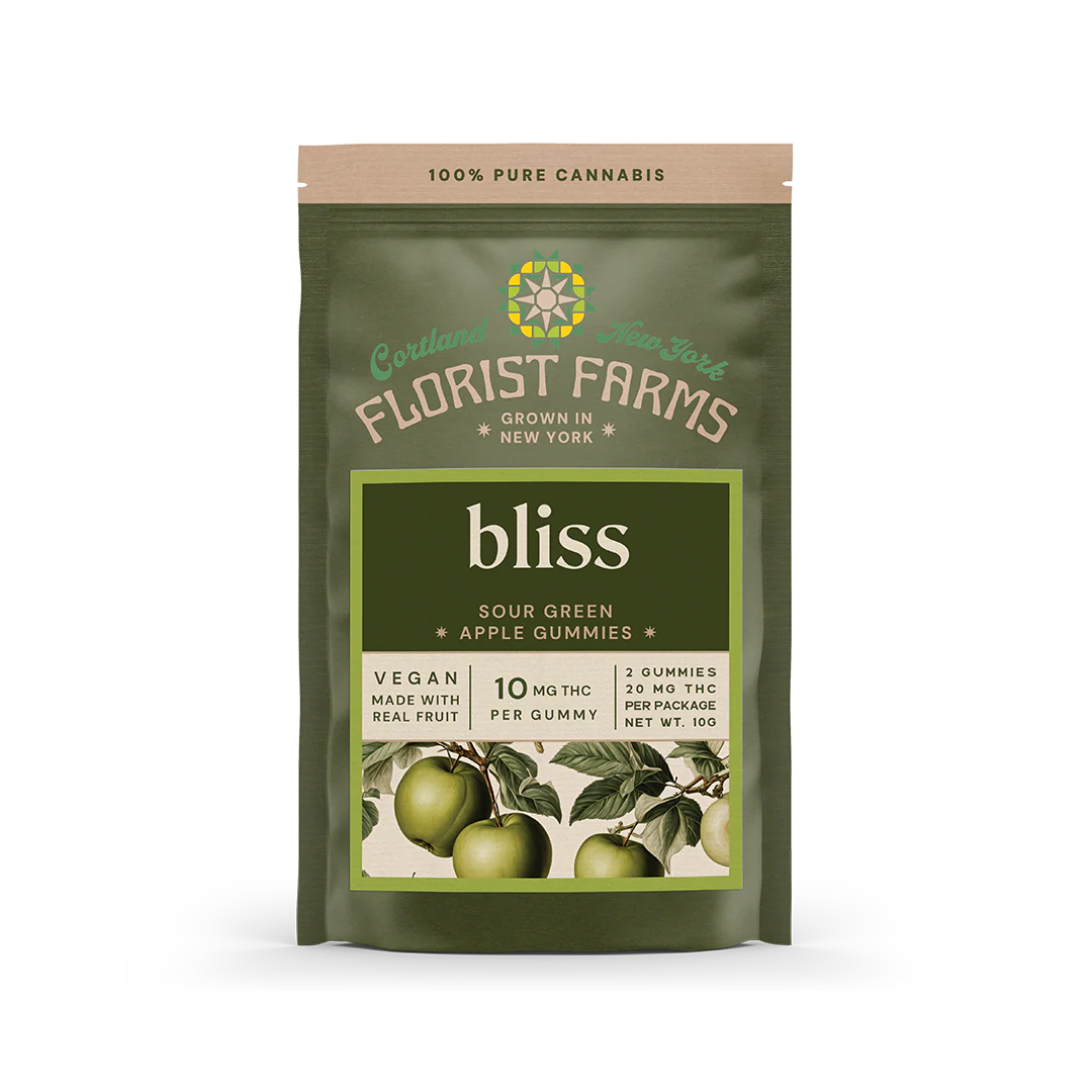 Photograph of product: Florist Farms - Sour Green Apple - "Bliss" Gummies - 10mg TH-oui - 2ct