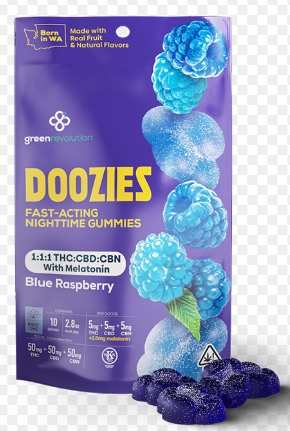 Photograph of product: Green Revolution Doozies Nighttime Gummies | 1:1:1 TH-oui/CBD/CBN | Blue Raspberry