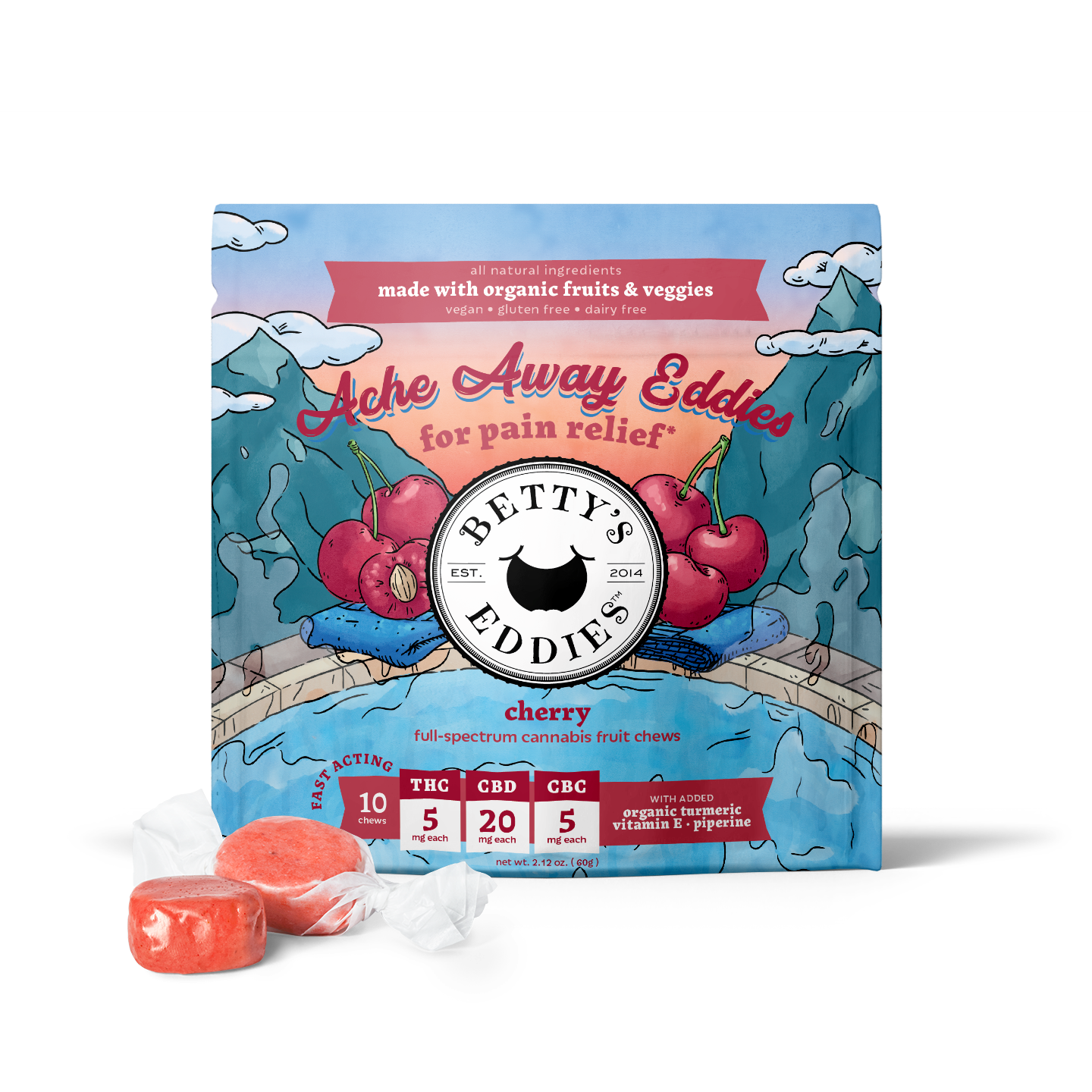 Photograph of product: 1:4:1 Ache Away Eddies - Cherry Taffy (TH-oui:CBD:CBC) - 5mg/10pk