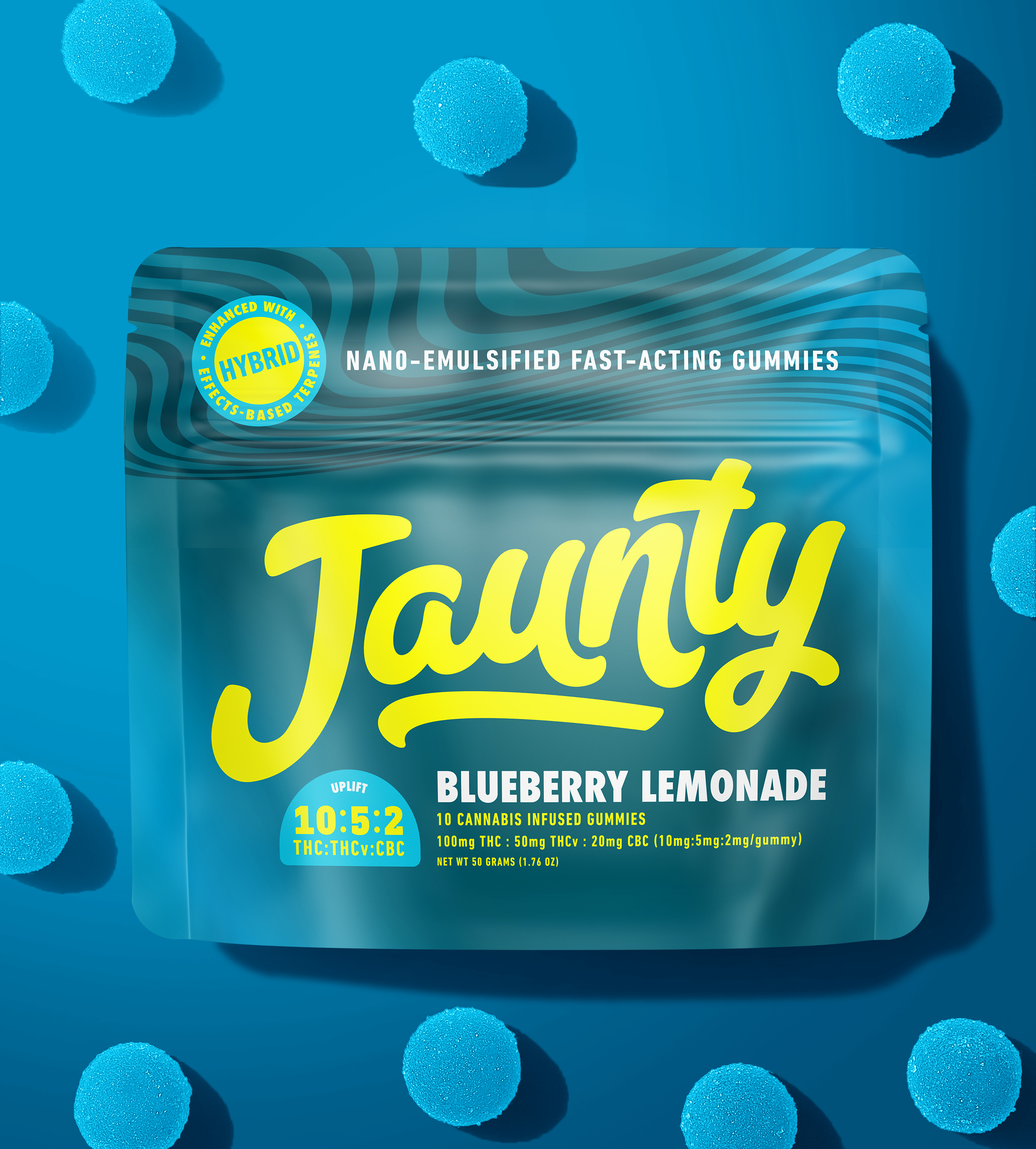 Photograph of product: 10-Pack Gummies 100mg - Blueberry Lemonade [10:5:2 TH-oui:TH-ouiv:CBC]