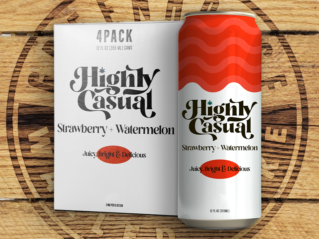 Photograph of product: Highly Casual | Strawberry + Watermelon | 2mg Seltzer 4-Pack