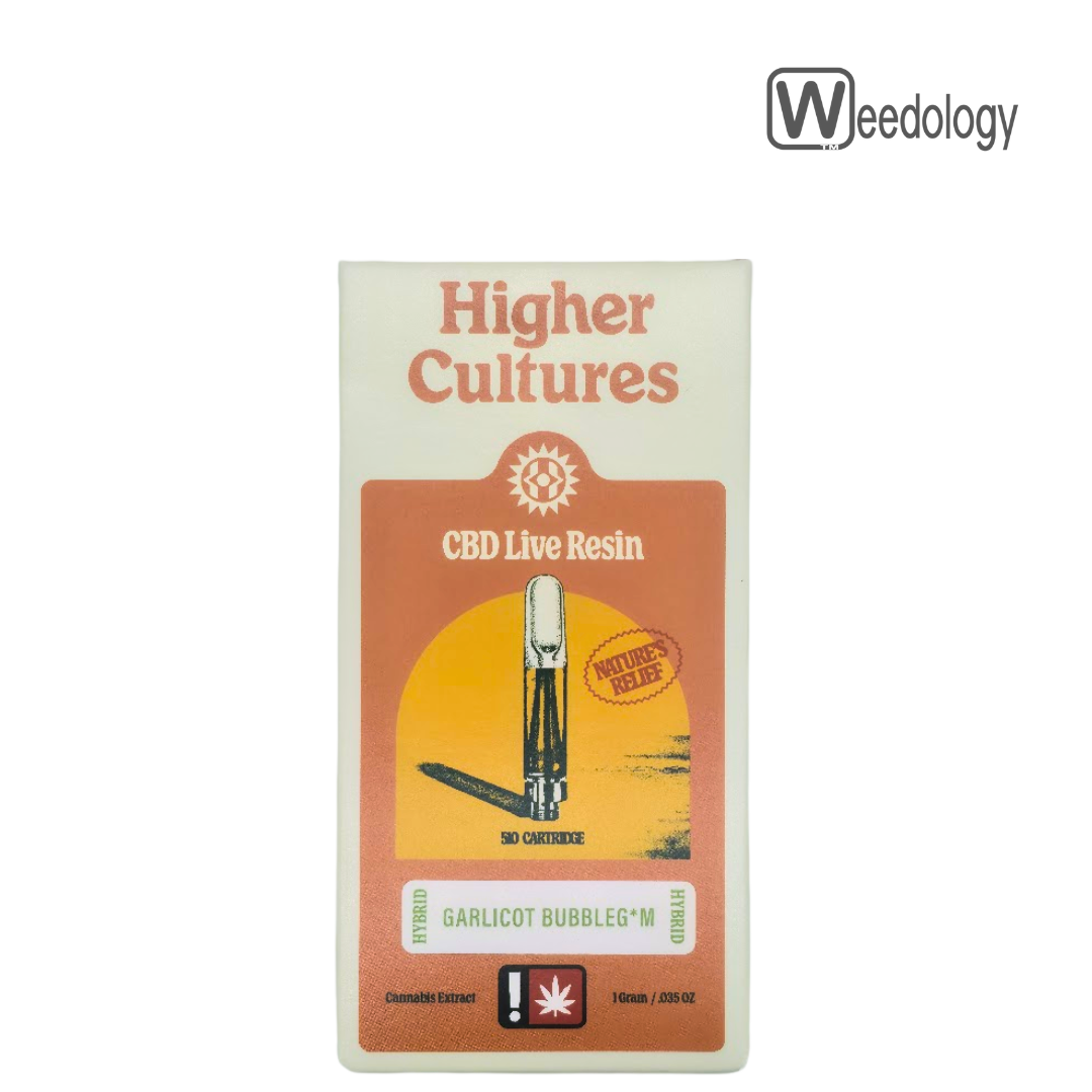 Photograph of product: Higher Cultures 1g CBD GARLICOT BUBBLEGUM 1:1 LR Vape Cartridge