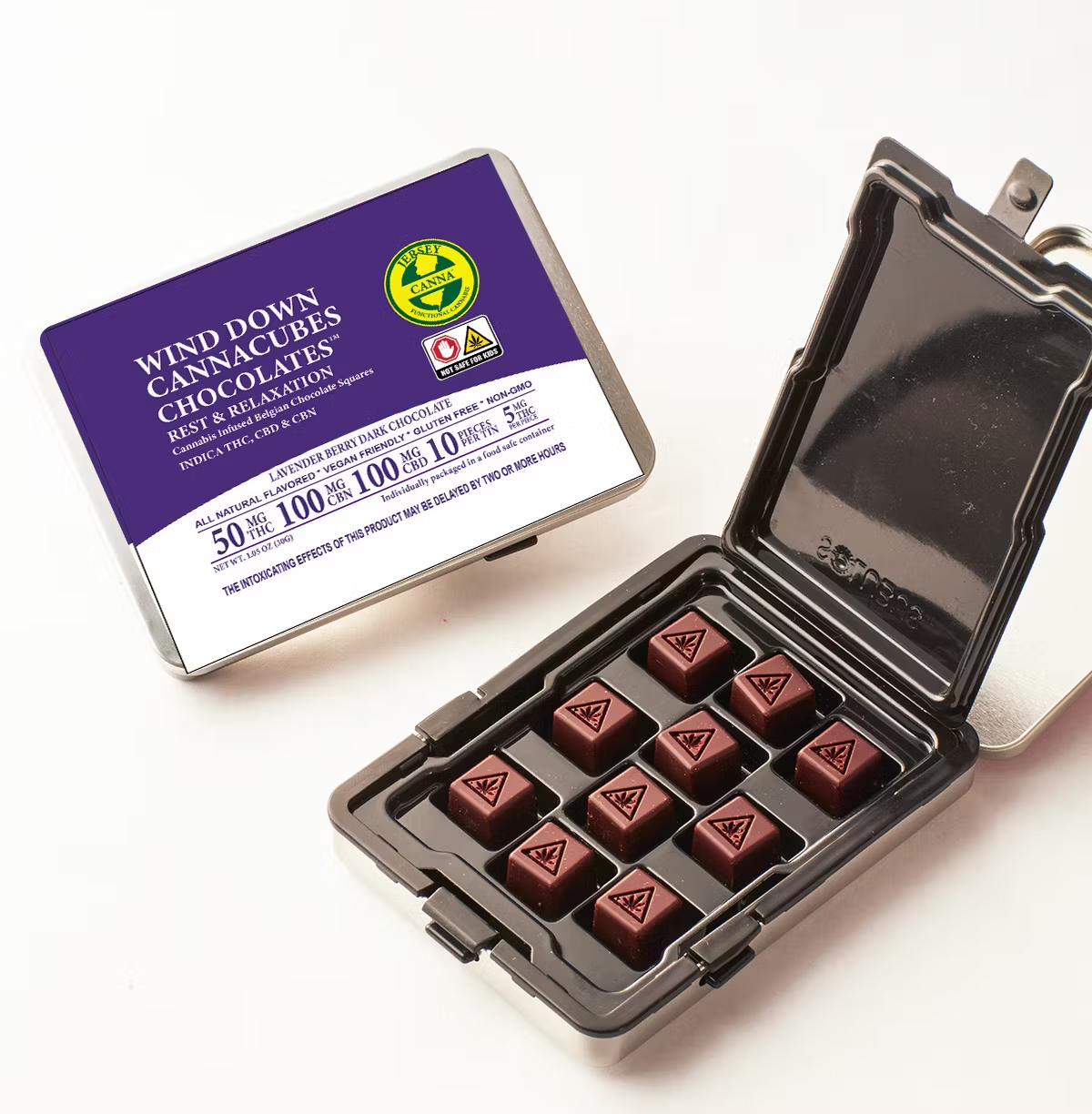 Photograph of product: Wind Down Cannacubes | Chocolate | 10-Pieces | 50MG