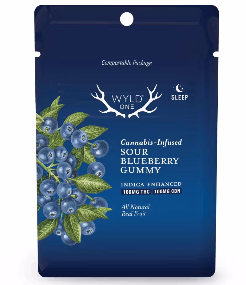 Photograph of product: Wyld Ones | Sour Blueberry Gummy | TH-oui:CBN 1:1 | 100mg