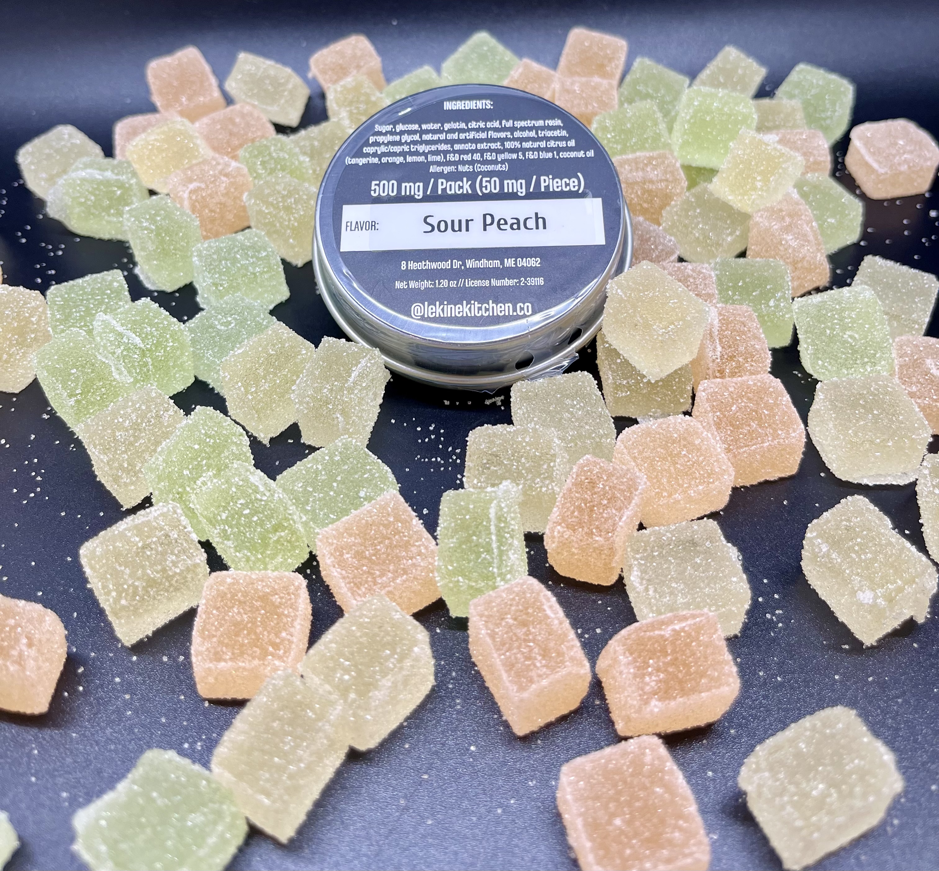 Photograph of product: Undertow x Le Kine Kitchen: Sour Peach 50mg/ au chocolat Rosin Gummies