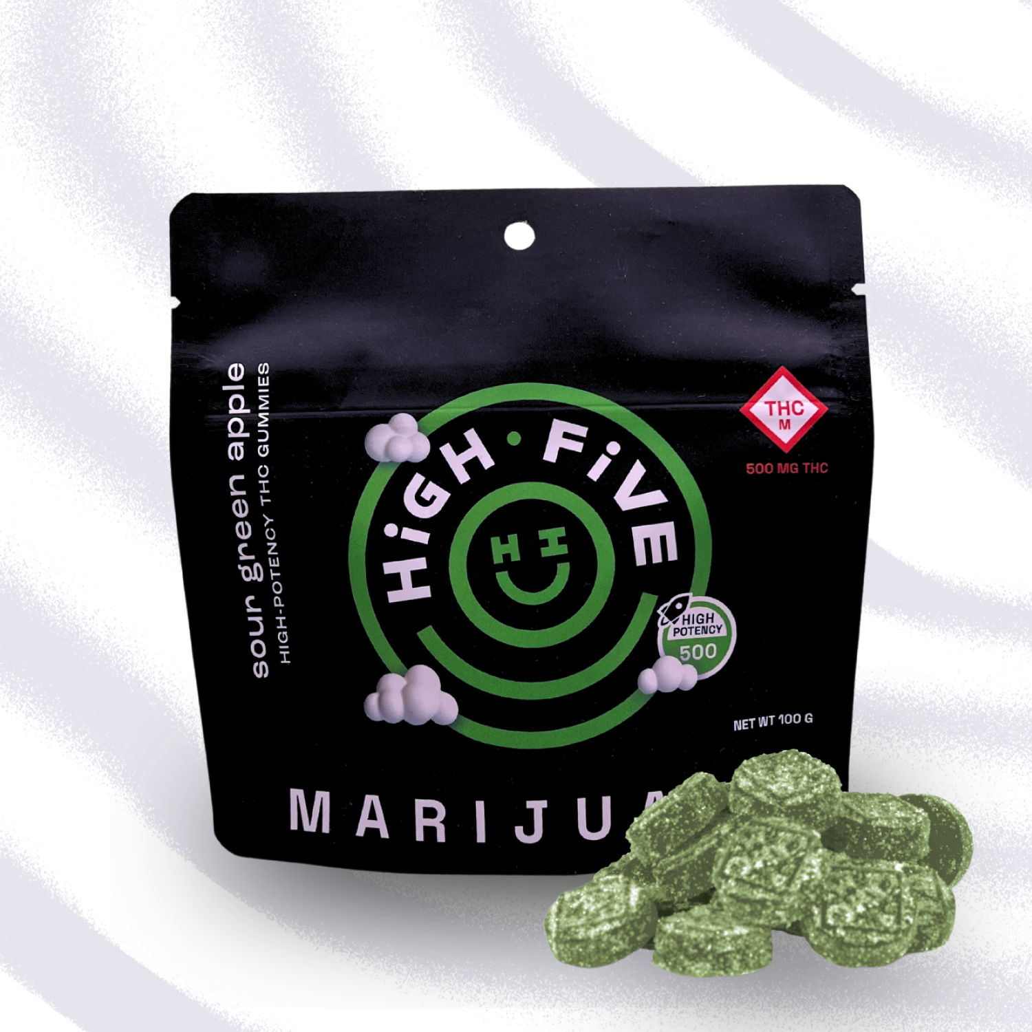 Photograph of product: Sour Green Apple | 500mg | Gummies | High Five