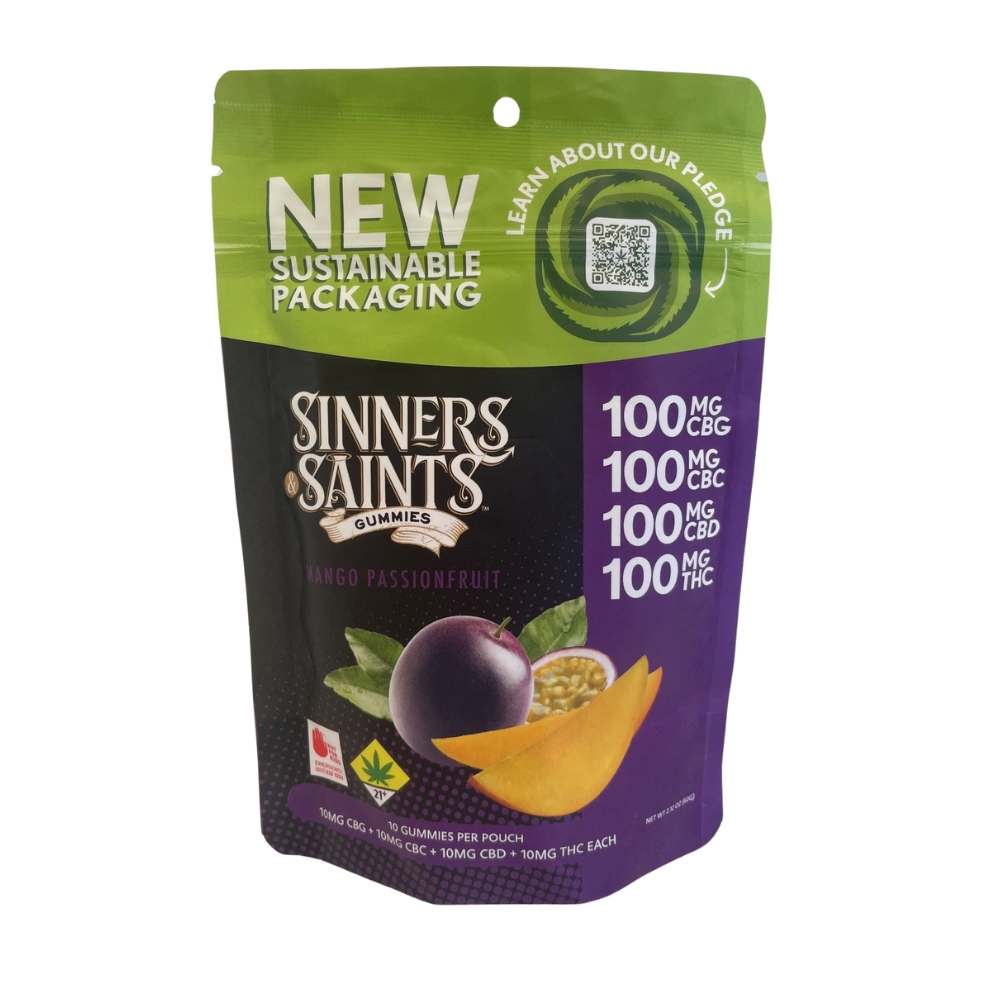 Photograph of product: Sinners & Saints | Mango Passionfruit Gummies | DOH | 10pk | 1:1:1:1 CBC:CBG:CBD:TH-oui 400mg