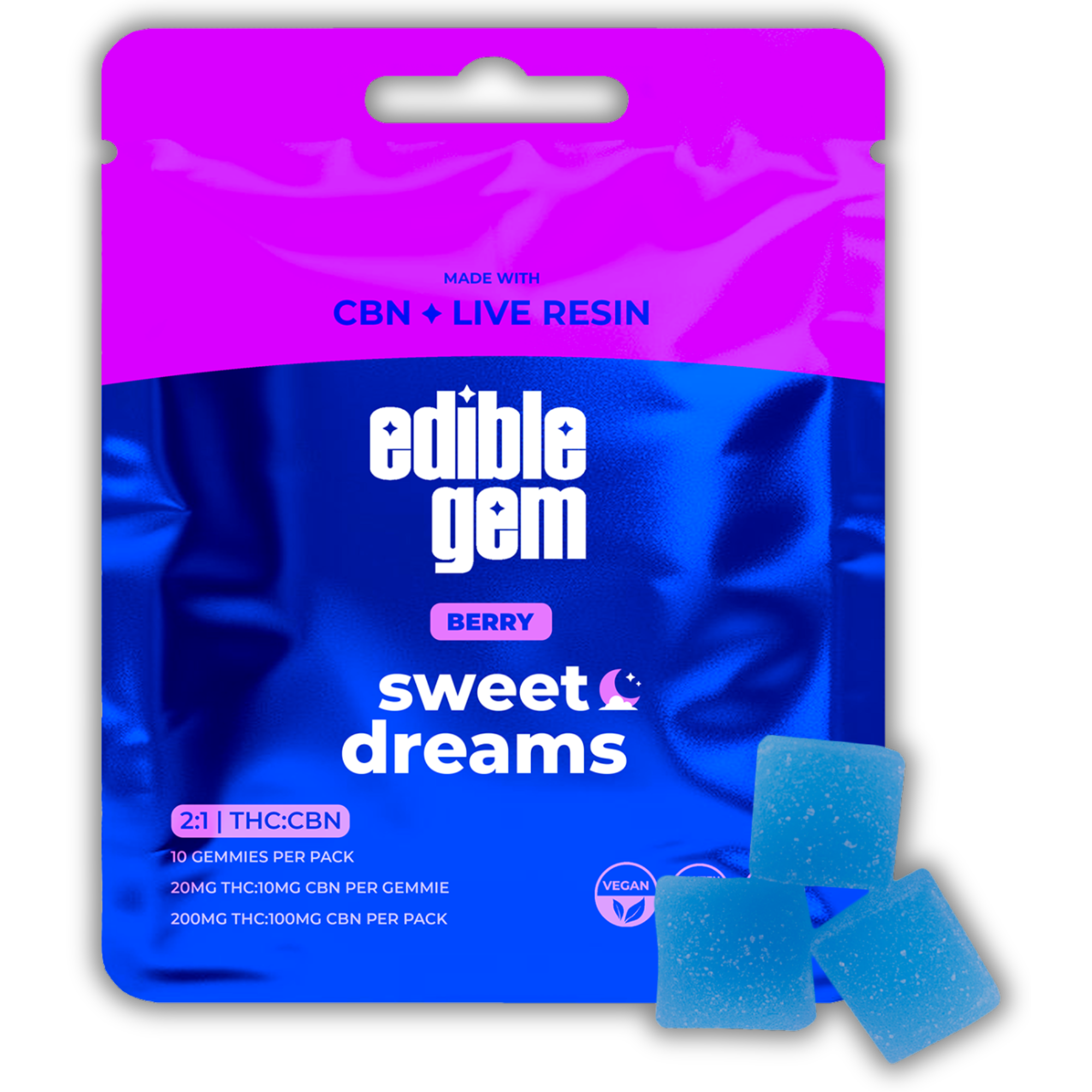 Photograph of product: Edible Gem | Live Resin Gummy | Berry | 2:1 TH-oui:CBN | 200mg