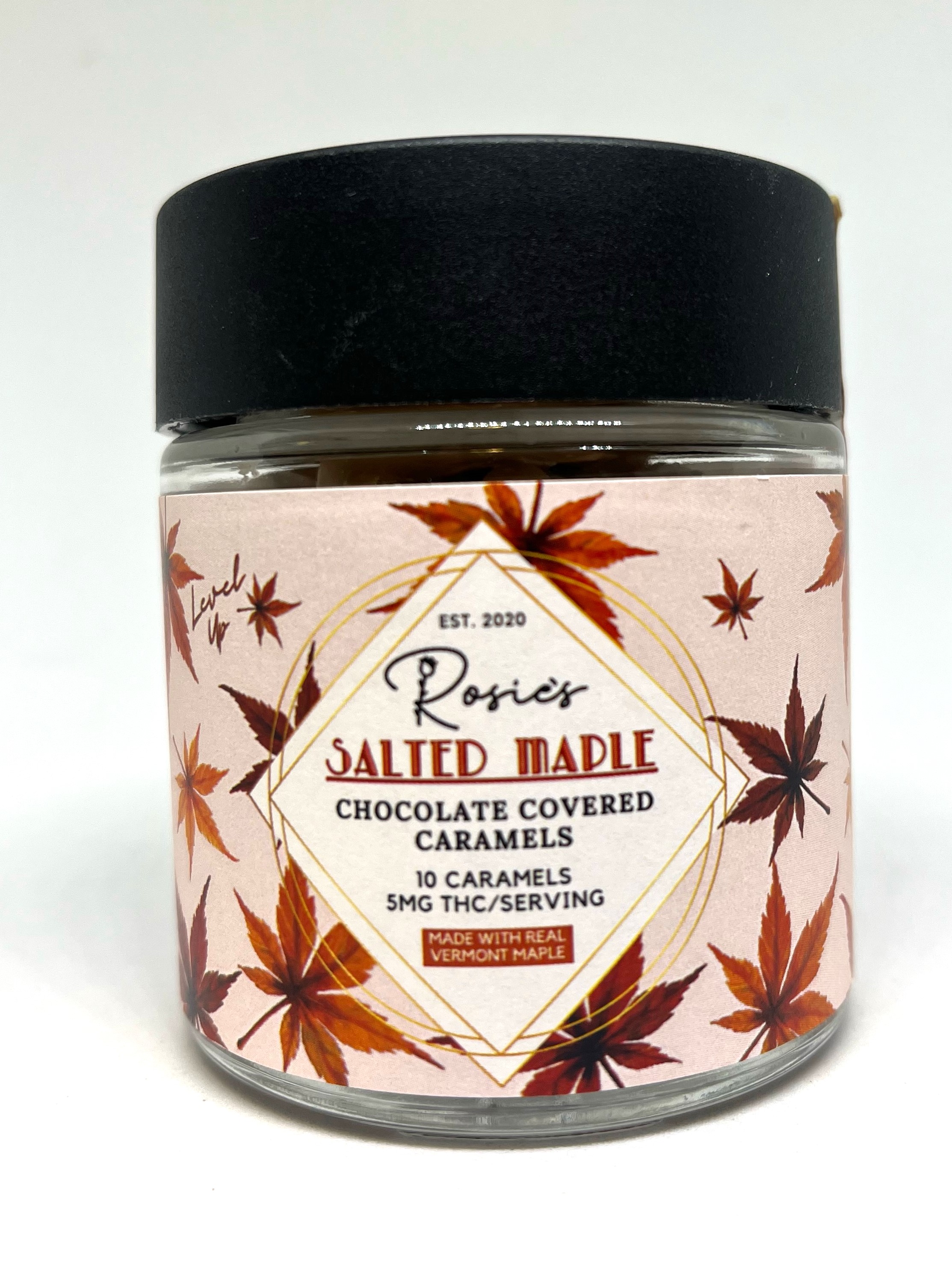 Photograph of Product: Chocolate Covered Salted Maple Caramels 10-Pack | 50mg THC | Rosie's Confections