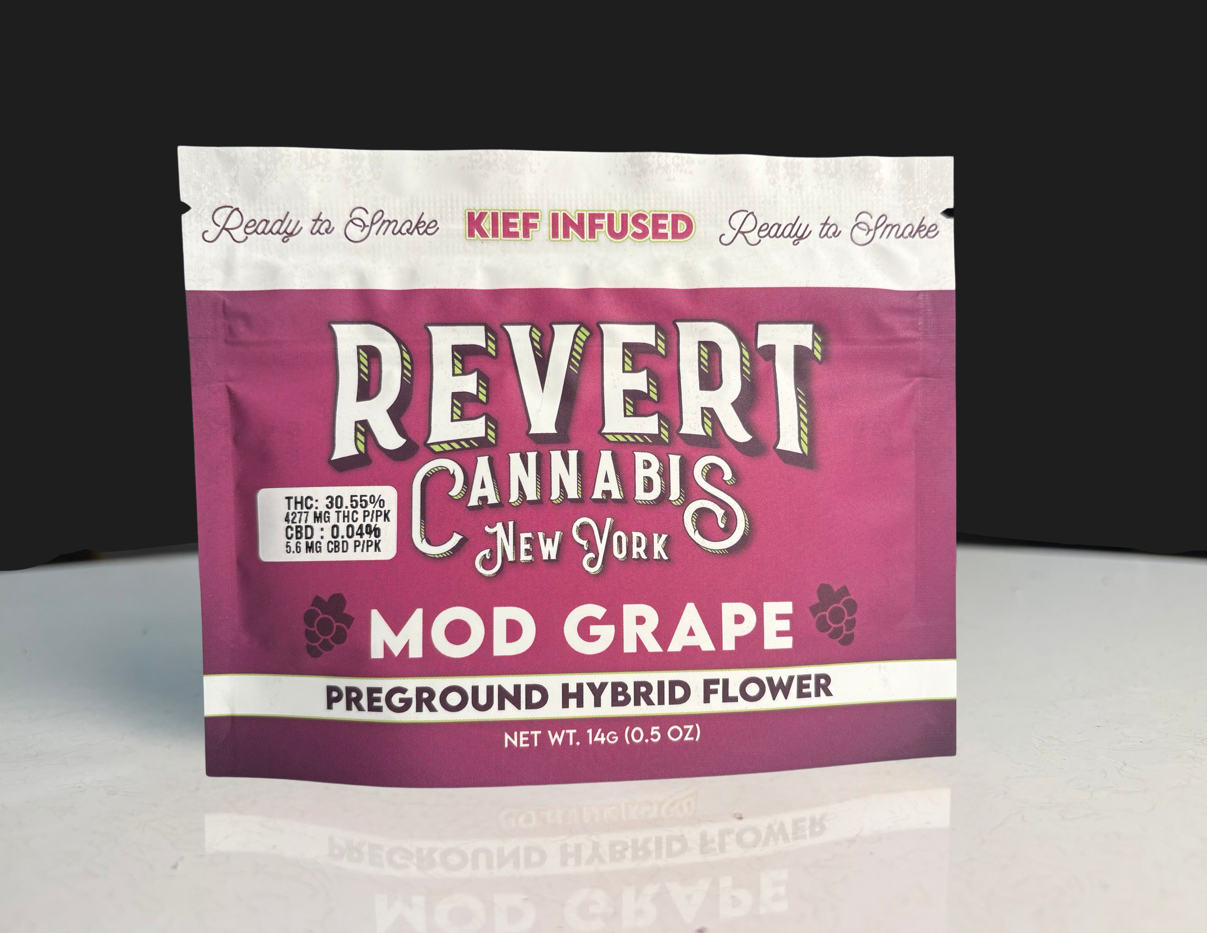Photograph of product: Revert: Ready to Smoke Mod Grape Hybrid Kief Infused Ground Flower - 14g